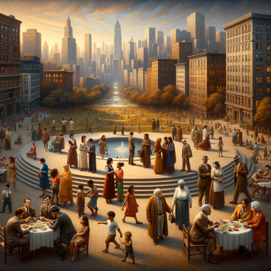 Modern people interacting harmoniously in an urban setting, reflecting empathy and ethical treatment, with a warm, cinematic ambiance.