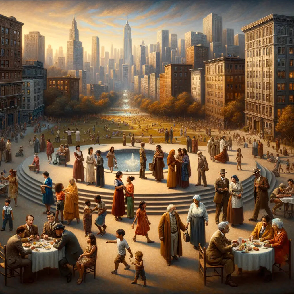 Modern people interacting harmoniously in an urban setting, reflecting empathy and ethical treatment, with a warm, cinematic ambiance.