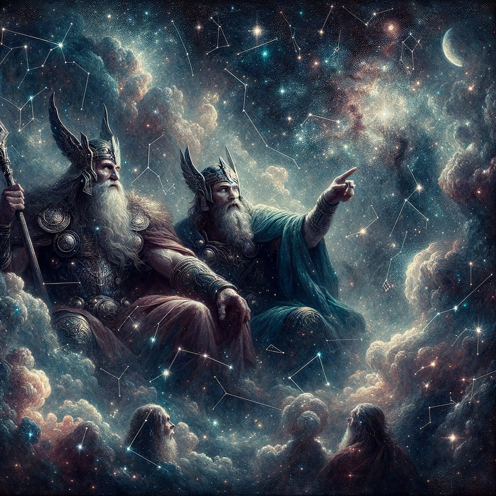 Ethereal Norse gods outlined in a starry night sky, reflecting Norse mythology, with Odin and Thor subtly traced among shimmering constellations.