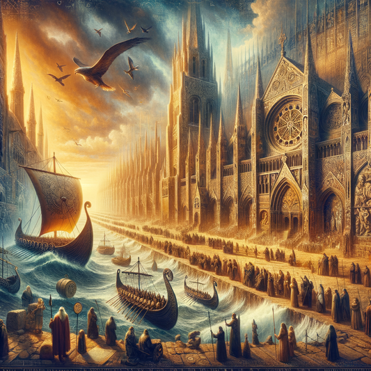 A cinematic painting depicting Viking ships, a Gothic cathedral, and Renaissance scholars, illustrating the development of Germanic languages.