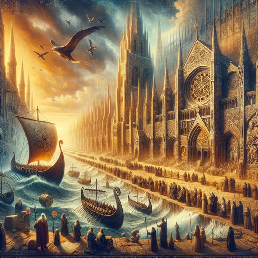 A cinematic painting depicting Viking ships, a Gothic cathedral, and Renaissance scholars, illustrating the development of Germanic languages.