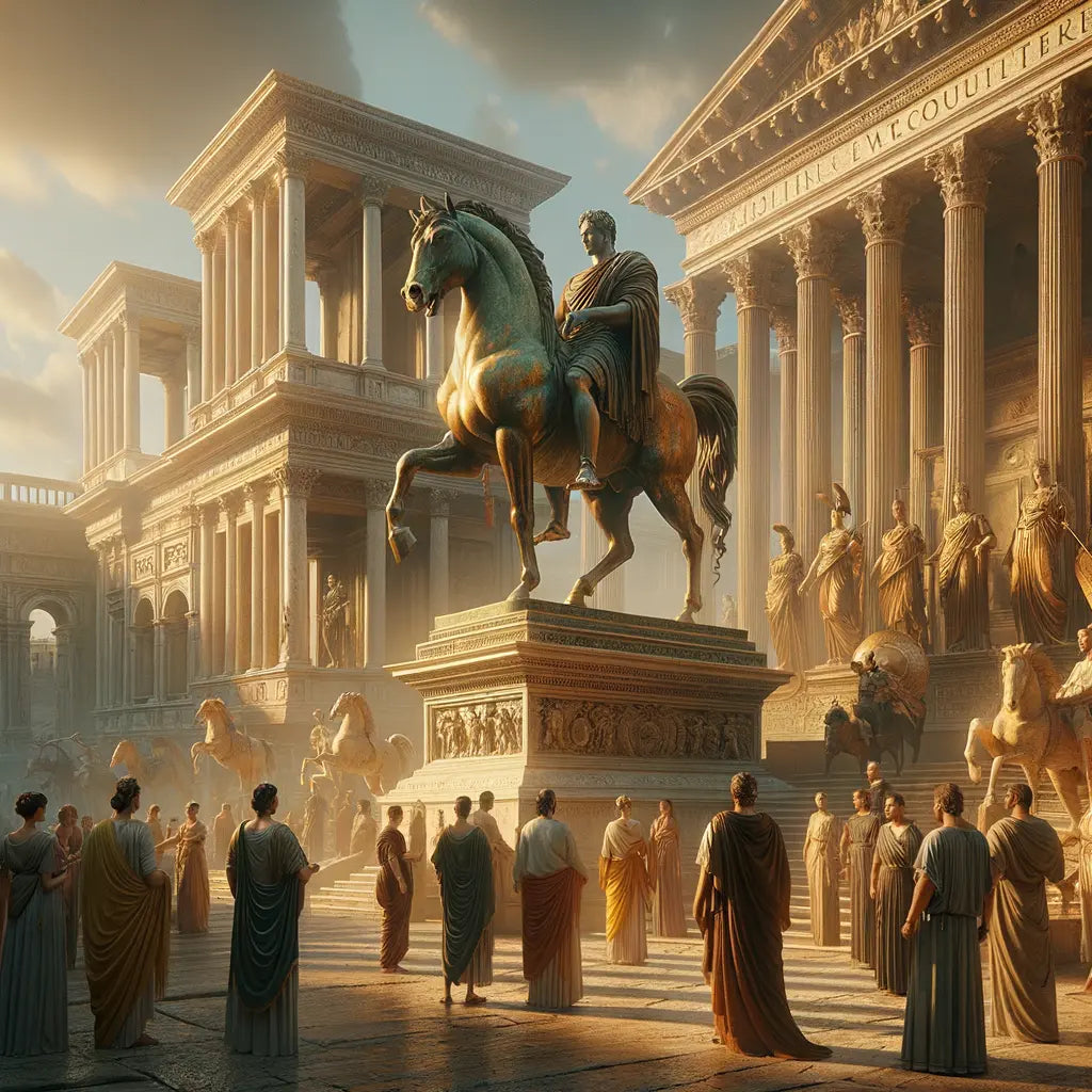 Majestic view of Rome's Capitoline Hill with the Equestrian Statue of Marcus Aurelius amid classic Roman architecture, styled like 1960s historical films.