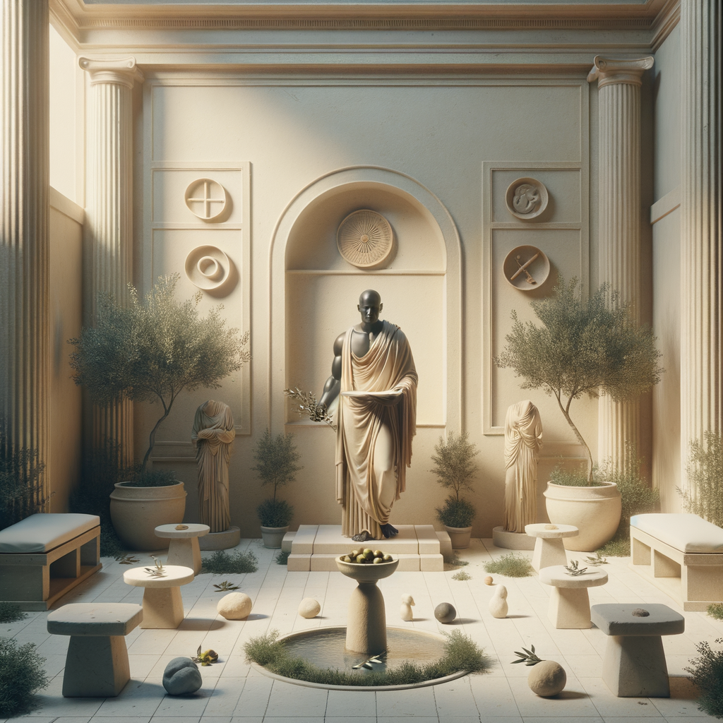 A minimalist scene of a Stoic philosopher in an ancient Roman garden, surrounded by symbols of resilience and wisdom, painted in the style of 1960s historical films.