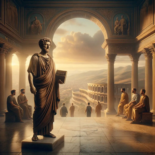 Marcus Aurelius, holding his 'Meditations,' set against a panoramic view of the Roman Empire, styled after 1960s historical films.