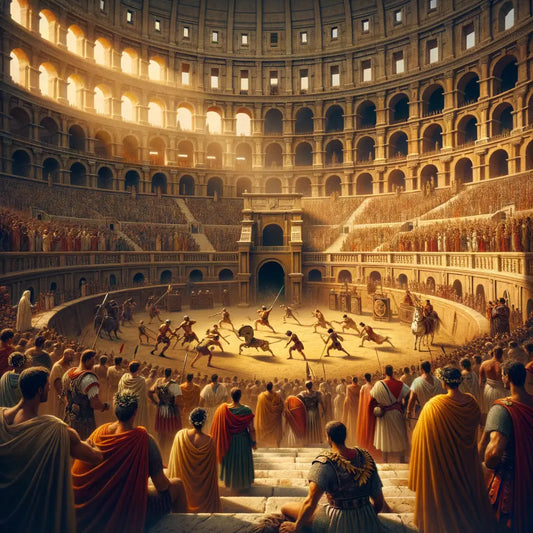 Ancient Rome's Colosseum filled with spectators and royalty watching gladiators, in a style inspired by 1960s historical films.