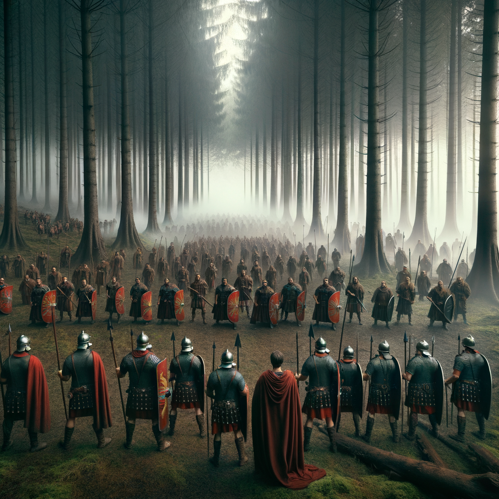 A cinematic painting of Roman and Germanic warriors clashing in a foggy European forest, capturing the tension and mystique of an ancient battle.