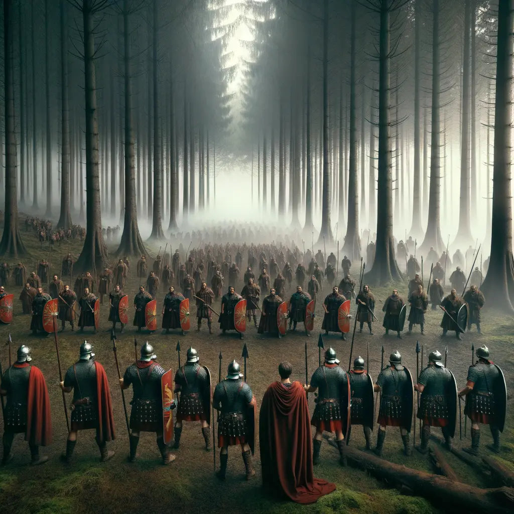 A cinematic painting of Roman and Germanic warriors clashing in a foggy European forest, capturing the tension and mystique of an ancient battle.