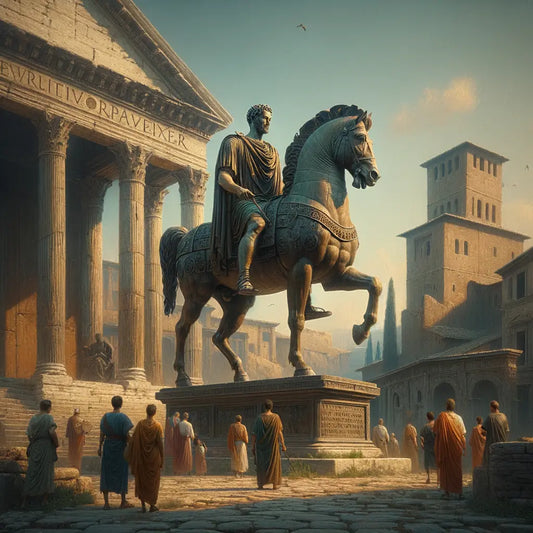 Majestic bronze equestrian statue of Marcus Aurelius against historical Roman architecture, in the style of 1960s epic films.