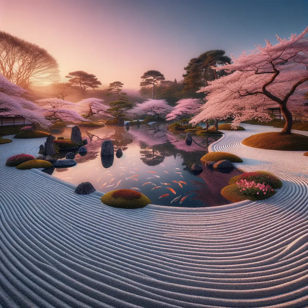 A peaceful Japanese Zen garden at daybreak with cherry blossoms and a koi pond.
