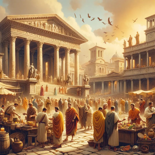 Ancient Roman citizens in diverse tunics busy in a grand forum, with architecture reflecting social class divisions, inspired by the style of 1960s historical epics.