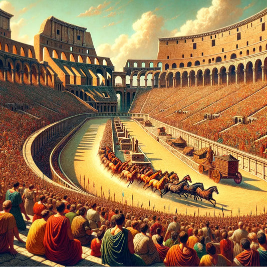 Panoramic view of Circus Maximus depicting chariot races with a large crowd in ancient Rome, styled like a 1960s historical epic film.