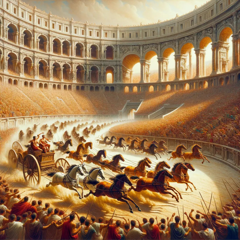 Cinematic painting of a chariot race at the ancient Circus Maximus, with cheering spectators, dramatic Roman architecture, and golden sunlight, inspired by 1960s historical films.
