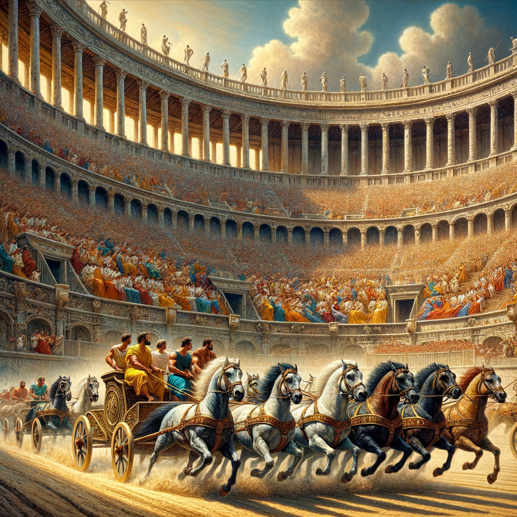 Colorful charioteers racing at the Roman Circus Maximus, with cheering spectators in a grand ancient arena, inspired by 1960s historical film style.