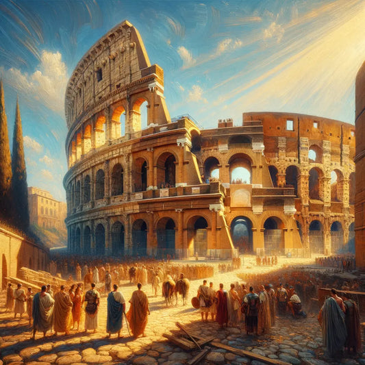 Panoramic view of the Roman Colosseum with sunlight filtering through its arches, in the style of a 1960s historical epic film.