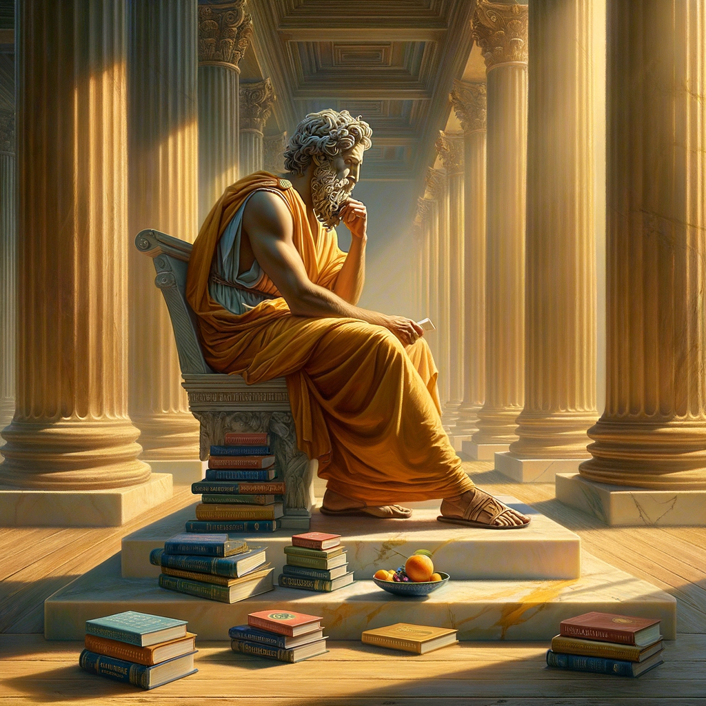 Ancient Greek philosopher thoughtfully surrounded by modern self-help books, blending historical wisdom with contemporary themes.