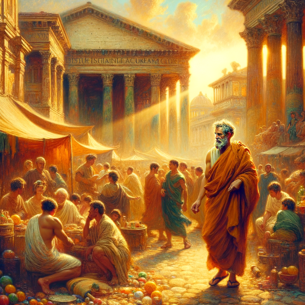 A calm philosopher walking through a bustling Roman forum, evoking Stoic tranquility amid chaos, in a style reminiscent of 1960s historical epics.