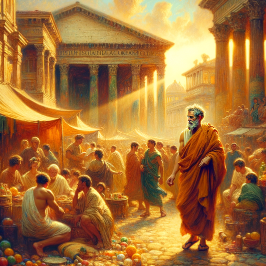 A calm philosopher walking through a bustling Roman forum, evoking Stoic tranquility amid chaos, in a style reminiscent of 1960s historical epics.