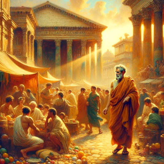 A calm philosopher walking through a bustling Roman forum, evoking Stoic tranquility amid chaos, in a style reminiscent of 1960s historical epics.