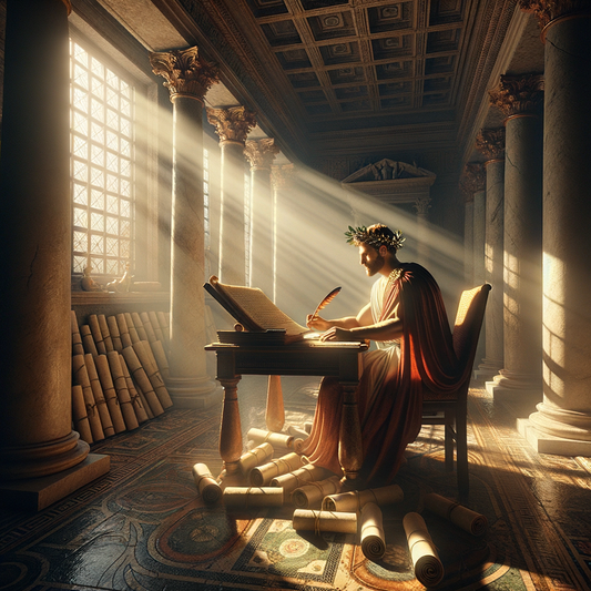 Emperor Marcus Aurelius writing in a sunlit Roman study, surrounded by scrolls and books, in the style of a 1960s historical epic.