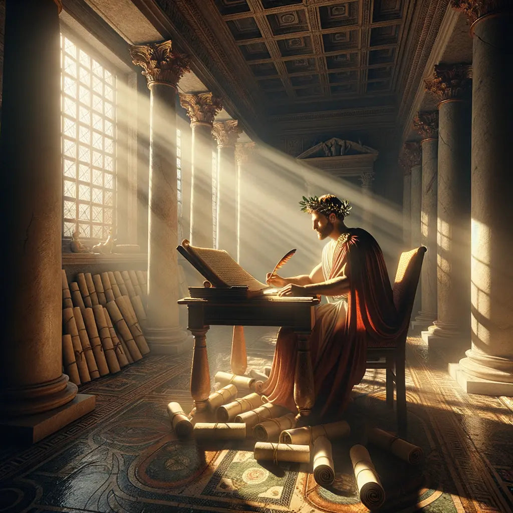 Emperor Marcus Aurelius writing in a sunlit Roman study, surrounded by scrolls and books, in the style of a 1960s historical epic.