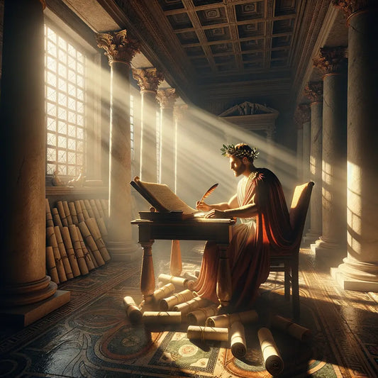 Emperor Marcus Aurelius writing in a sunlit Roman study, surrounded by scrolls and books, in the style of a 1960s historical epic.