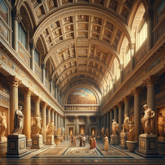 Interior of a museum with high ceilings displaying large artworks and sculptures of Greek and Roman origin, bathed in warm, golden light, reminiscent of 1960s historical epics.