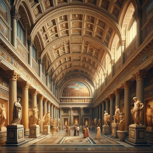 Interior of a museum with high ceilings displaying large artworks and sculptures of Greek and Roman origin, bathed in warm, golden light, reminiscent of 1960s historical epics.