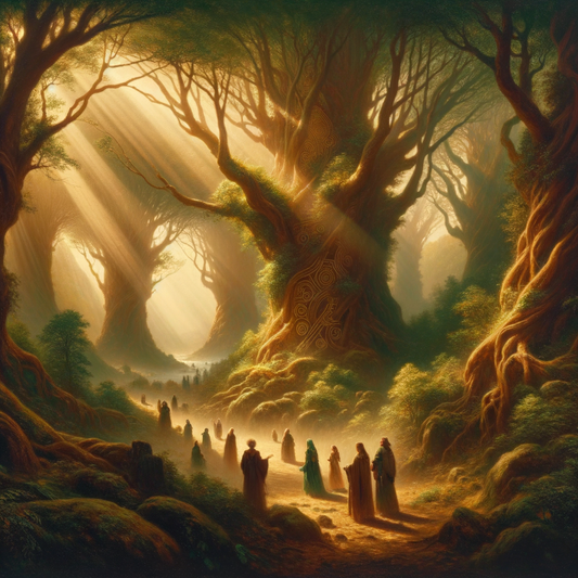 A lush Celtic forest with intertwining trees and hidden ancient symbols, reflecting the mystical interconnectedness of Celtic mythology, styled in the 1960s historical epic film fashion.