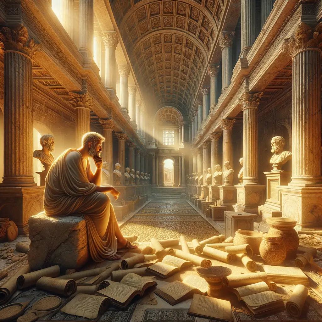 Marcus Aurelius in a Roman forum, surrounded by books and scrolls, contemplating Stoic philosophy, in a style reminiscent of classic 1960s historical films.
