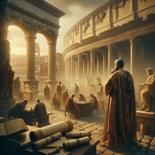 Roman Emperor surrounded by philosophical texts in ancient Rome, set against iconic architecture, inspired by classic 1960s historical films.