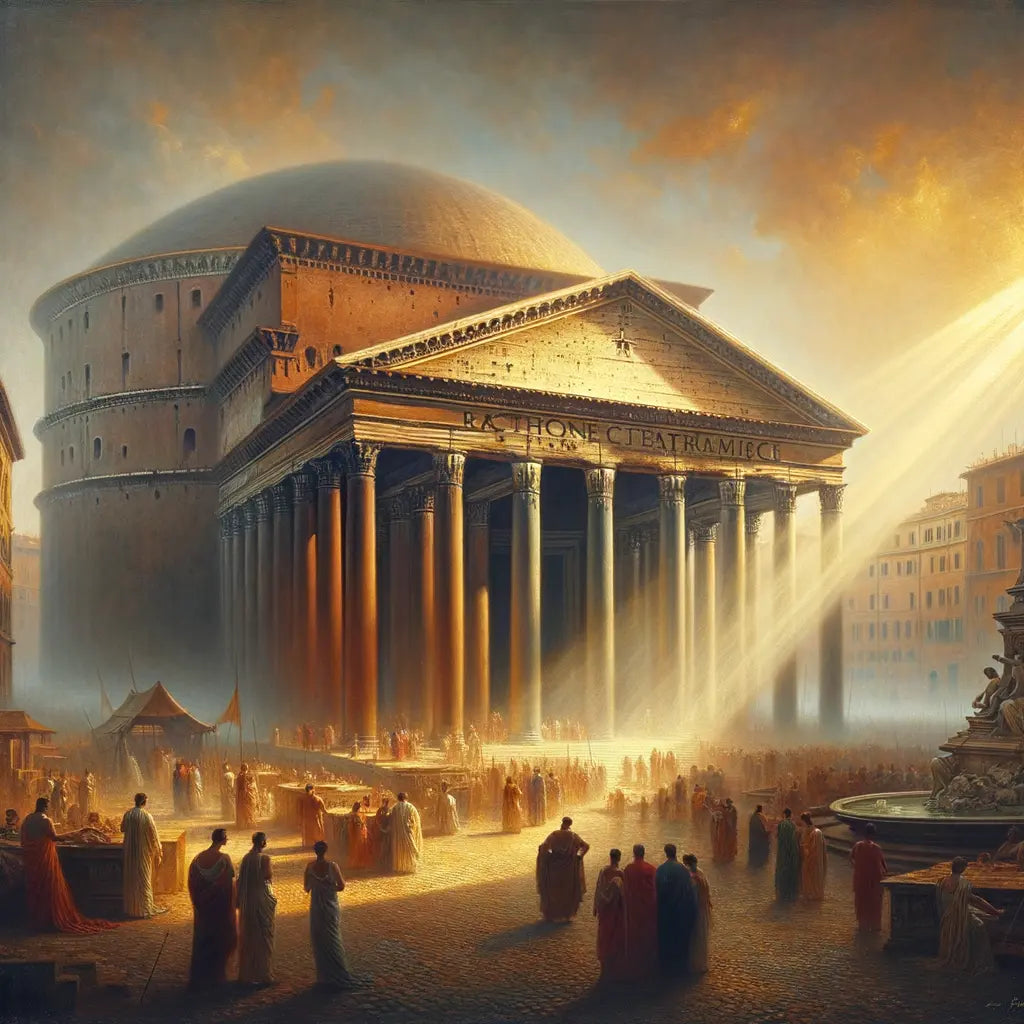 Cinematic painting of the Pantheon in Rome highlighting its iconic dome and oculus under celestial light, with Roman figures in togas.