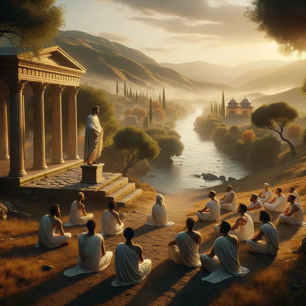 Philosopher and students in a serene Roman landscape, symbolizing Epicureanism and Stoicism, painted in the style of 1960s historical epics.