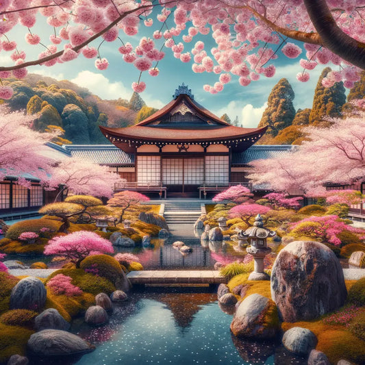A traditional Japanese garden with cherry blossoms and a classic wooden structure