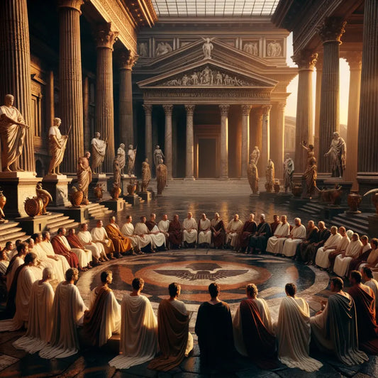 Ancient Roman senators conspiring within a grand architectural setting, evoking the intrigue and power of historical Rome, styled like a 1960s historical film epic.