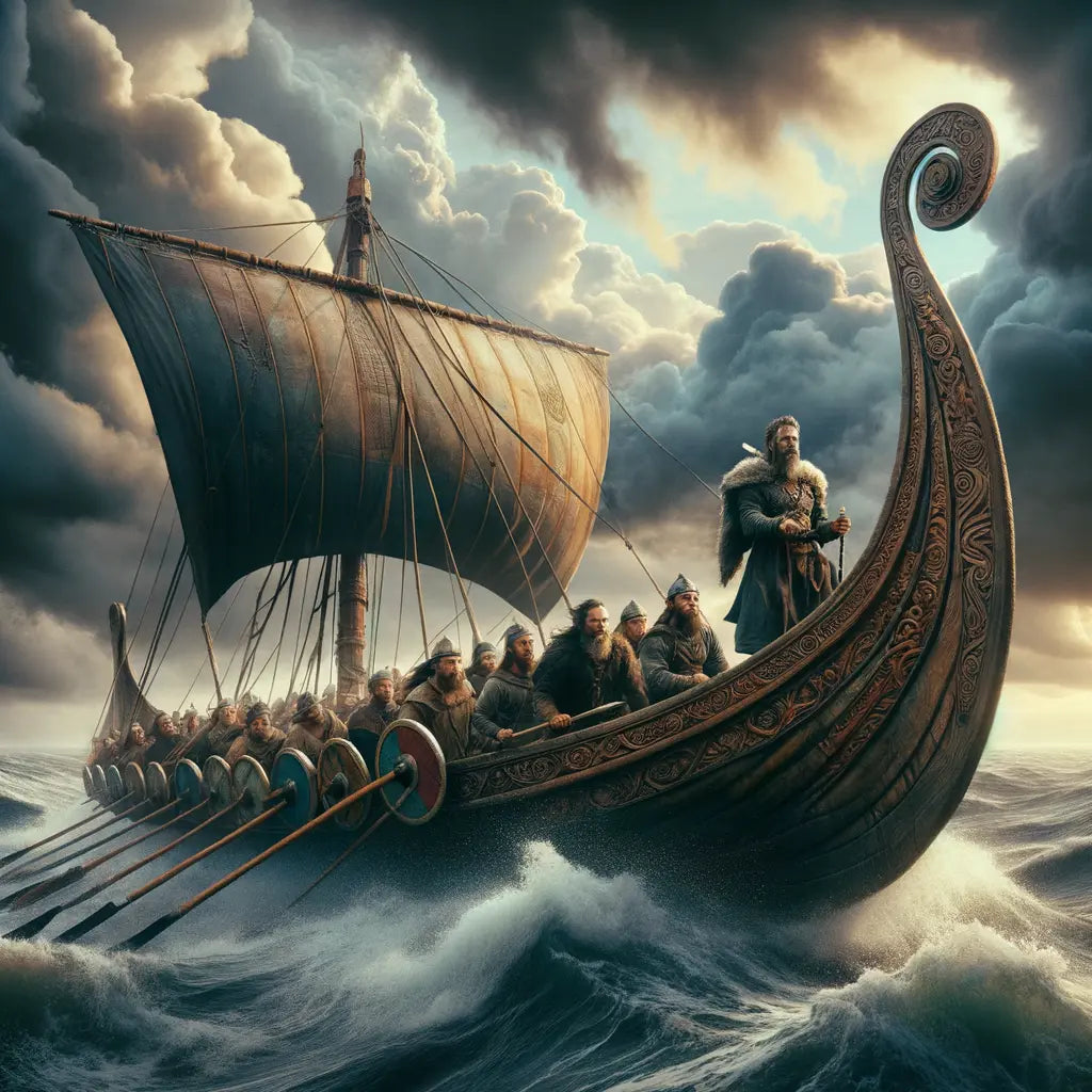 A Viking longship at sea, navigating through waves under a cloudy sky, with a captain using a Sunstone compass for guidance.