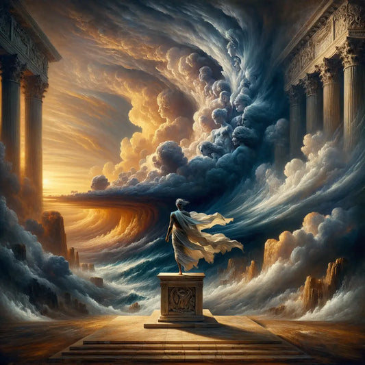 Individual standing calmly amidst stormy chaos, symbolizing inner tranquility.