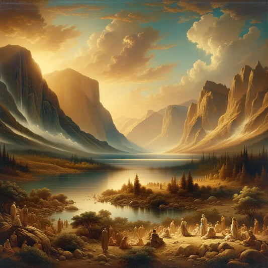 A tranquil mountain and calm sea cinematic landscape, reflecting serenity and resilience, inspired by 1960s historical epics.