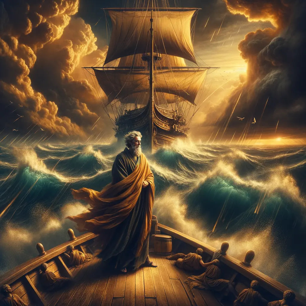 A calm ancient Greek philosopher standing on a ship during a storm, embodying Stoic virtues, painted in a 1960s historical epic film style.