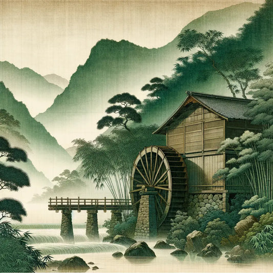 Eine ruhige japanische Landschaft, in der unberührte Natur auf subtile industrielle Andeutungen trifft — inspiriert von traditioneller Ästhetik, minimalistisch und harmonisch.