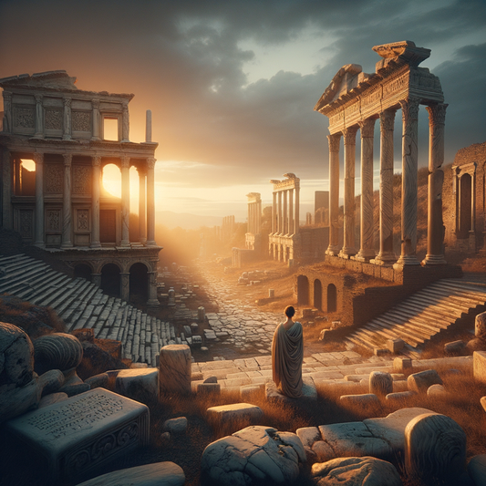 A serene sunset over ancient Roman ruins, reflecting the philosophical essence of Seneca's teachings in a 1960s historical film style.