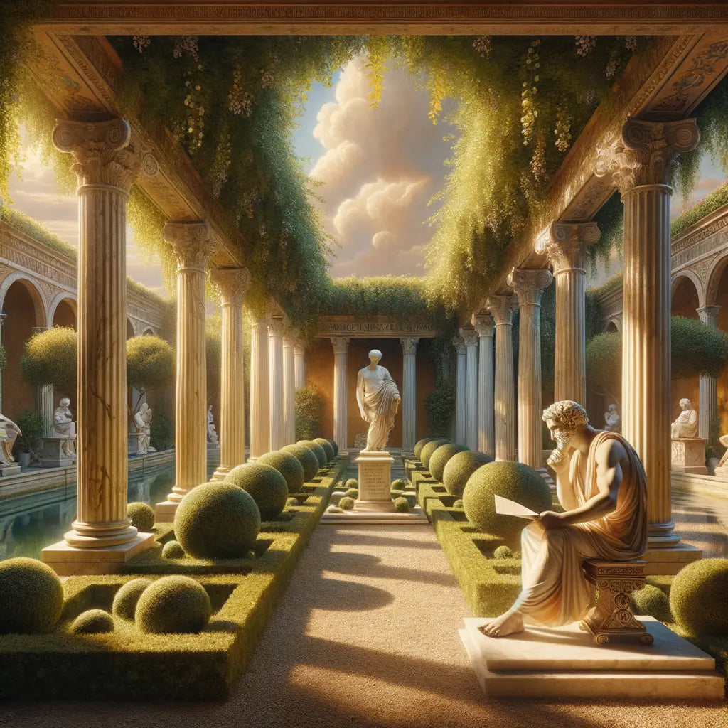 Roman philosopher in a serene villa garden, reflecting Stoic freedom with nurtured plants, styled like a 1960s historical film scene.