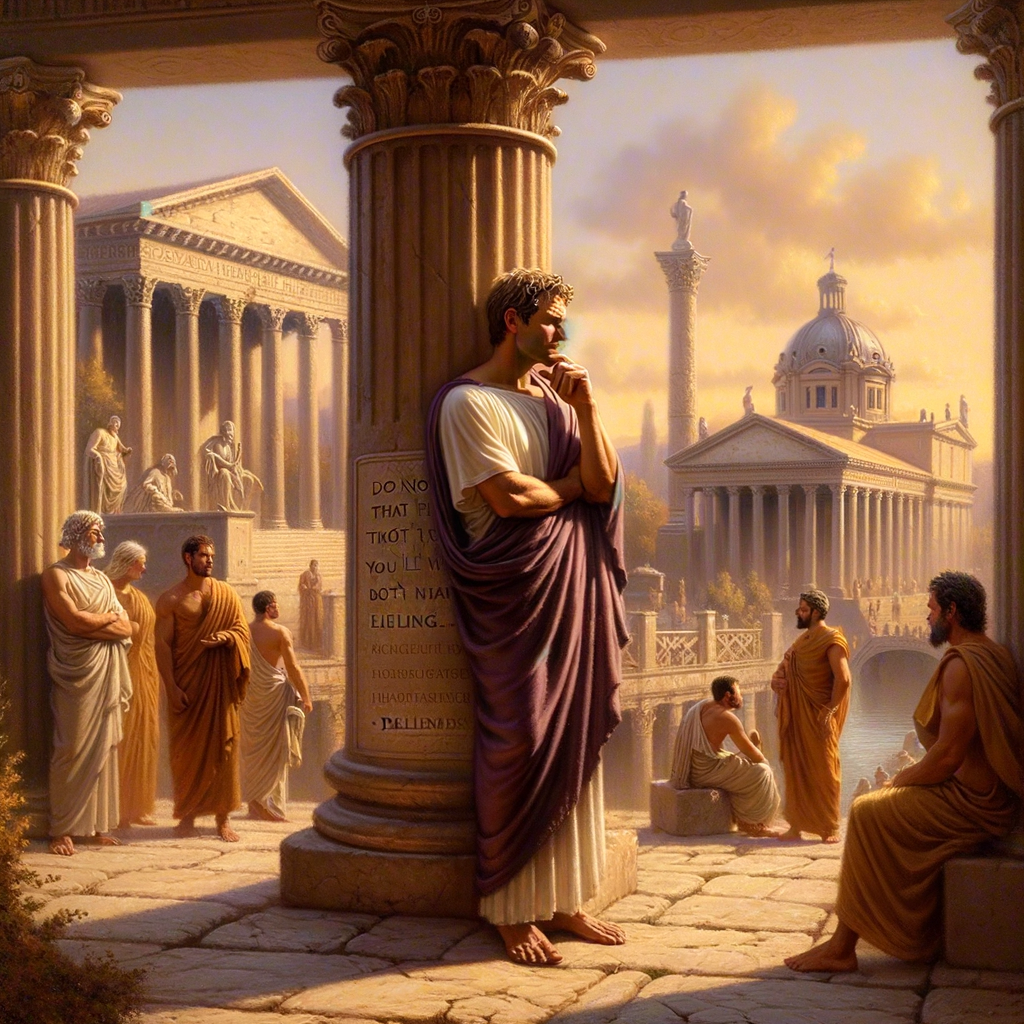 Marcus Aurelius stands contemplatively in a serene Roman Forum scene, quote inscribed nearby, evoking classic 1960s historical film aesthetics.