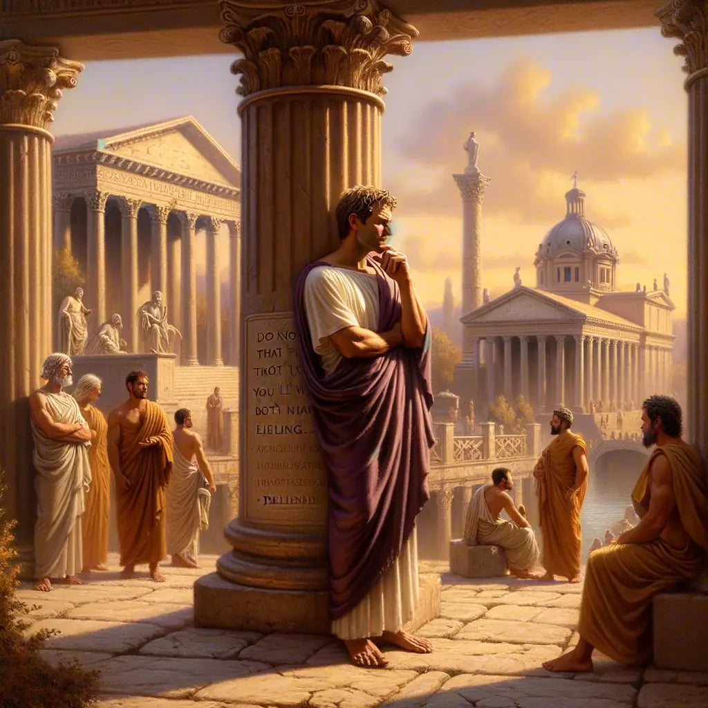 Marcus Aurelius stands contemplatively in a serene Roman Forum scene, quote inscribed nearby, evoking classic 1960s historical film aesthetics.