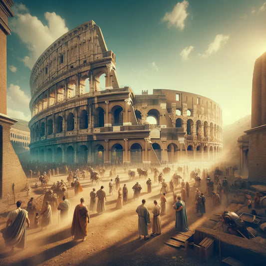 Majestic view of the Colosseum in ancient Rome with citizens and gladiators, inspired by 1960s historical epics.