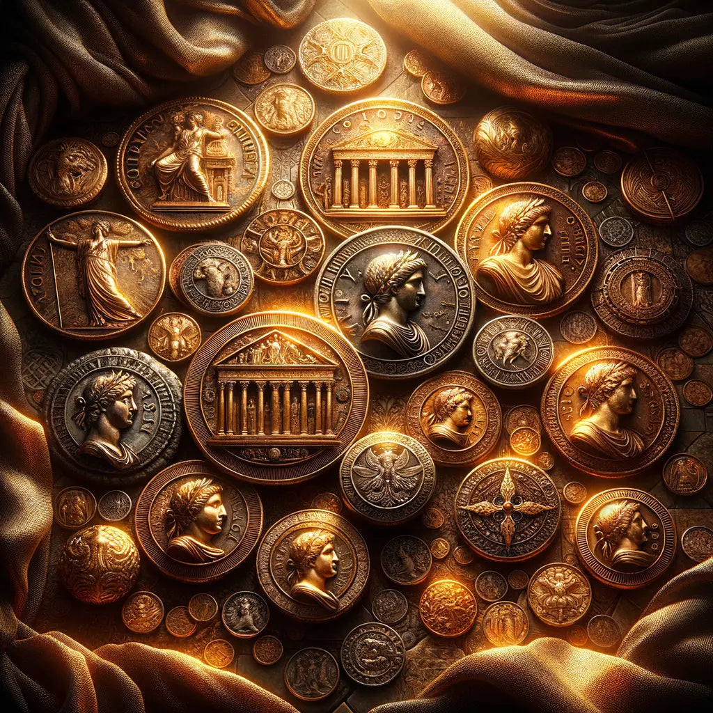 A cinematic painting of detailed ancient Roman coins with engravings of gods and symbols, showcasing Roman cultural grandeur.