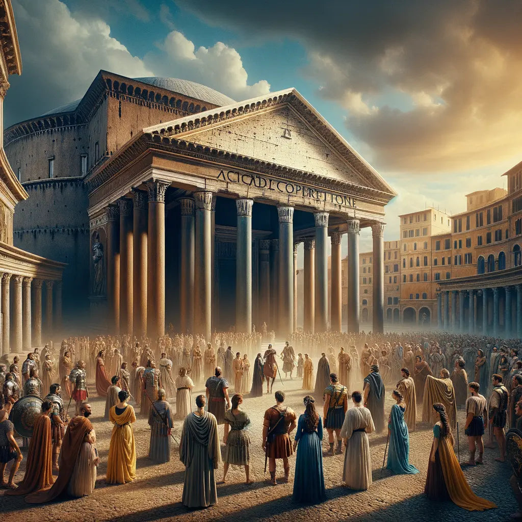 The Pantheon in ancient Rome, with its grand entrance and iconic dome set against a clear sky, depicting a lively Roman city scene in a 1960s historical epic film style.