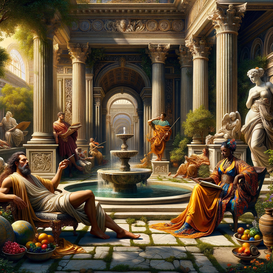 Stoic philosopher in deep thought contrasts with a Libertine indulging in art and pleasure, set in an ancient Roman courtyard, inspired by 1960s historical epic films.