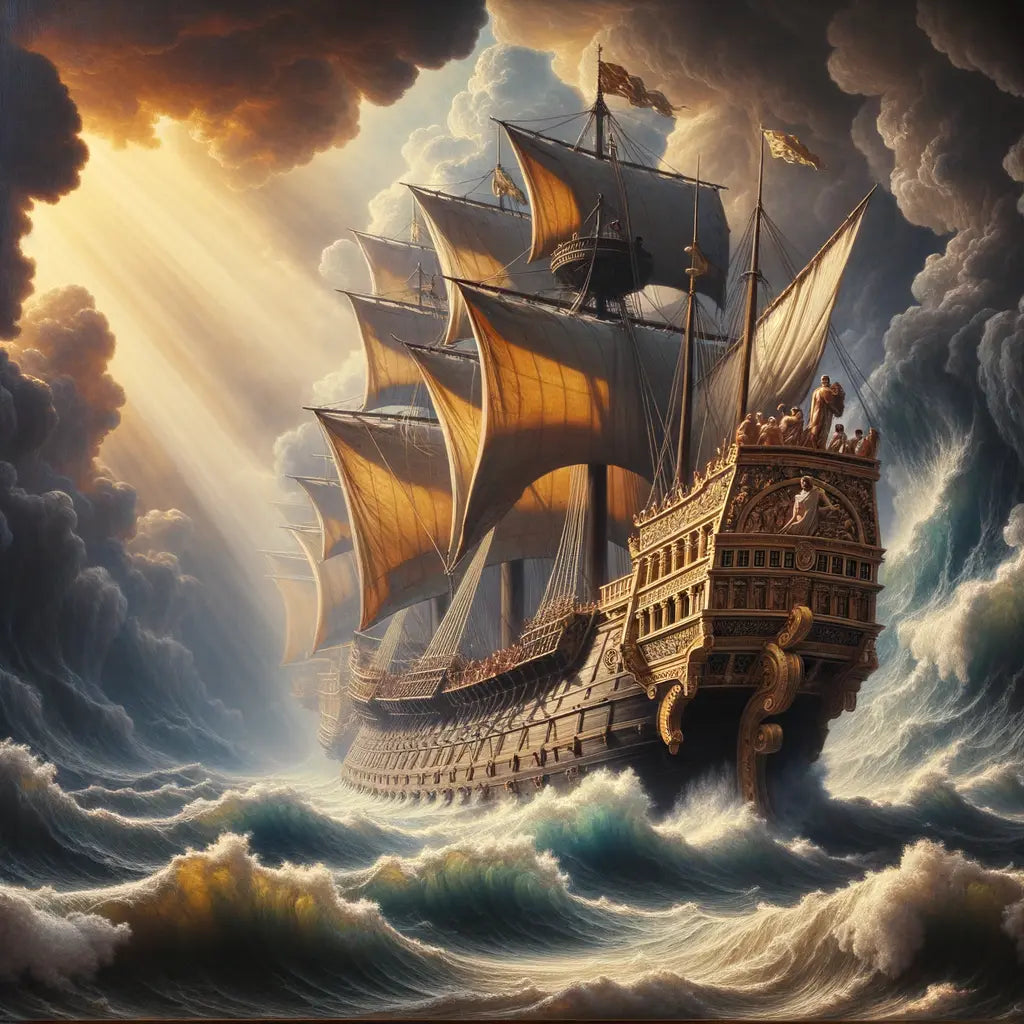 Roman ship navigating a stormy sea, symbolizing philosophical contrast between Stoicism and Sophism, in the style of classic historical epic films.