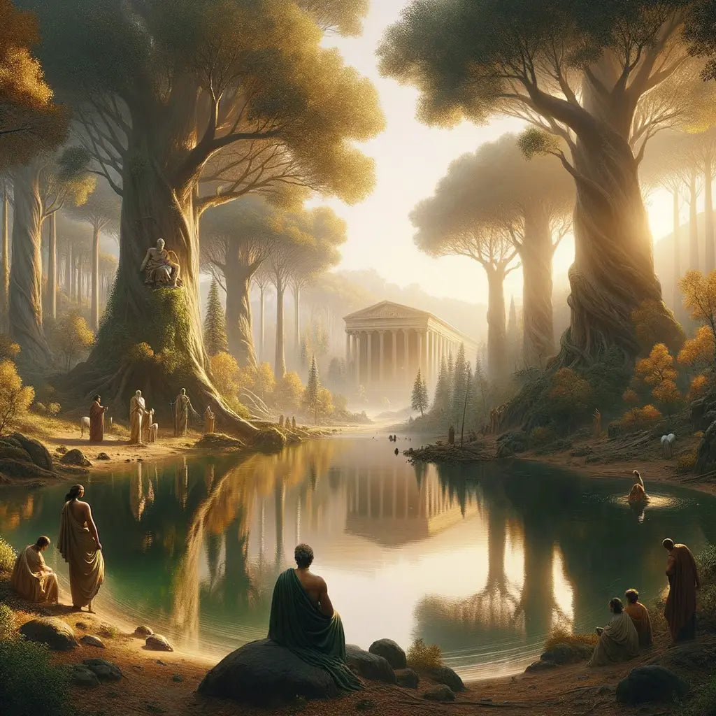 A Roman philosopher by a peaceful pond in a dense forest, inspired by the style of classic historical films of the 1960s.