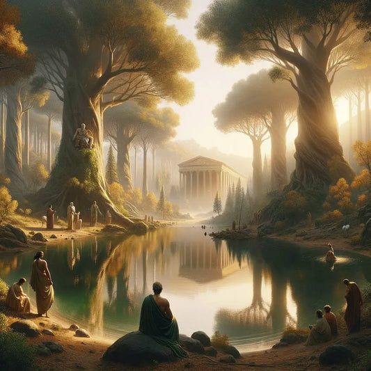 A Roman philosopher by a peaceful pond in a dense forest, inspired by the style of classic historical films of the 1960s.